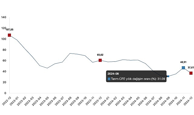 Tüik: Tarım ürünleri üretici fiyat endeksi (Tarım-ÜFE) yıllık %37,01 arttı, aylık %0,39 azaldı